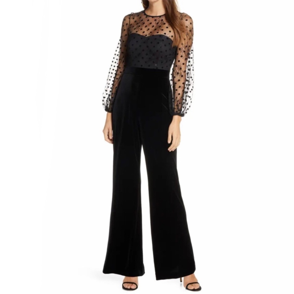 Eliza J. Black Mesh Dot Velvet Jumpsuit Size 8